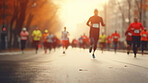 Group of marathon runners in the city. Low angle view of runners in competition