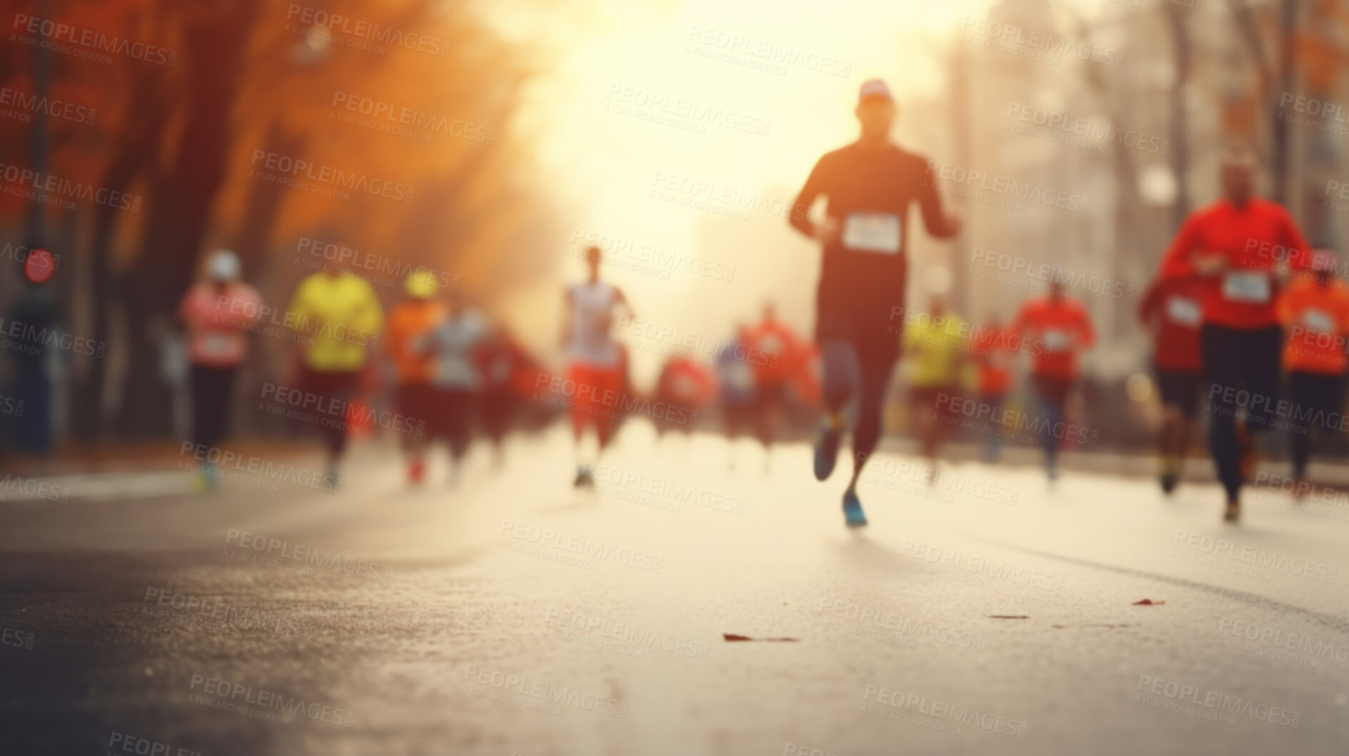 Buy stock photo Group of marathon runners in the city. Low angle view of runners in competition