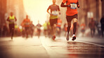 Group of marathon runners in the city. Low angle view of runners in competition