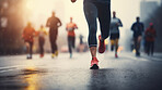 Group of marathon runners in the city. Low angle view of runners in competition