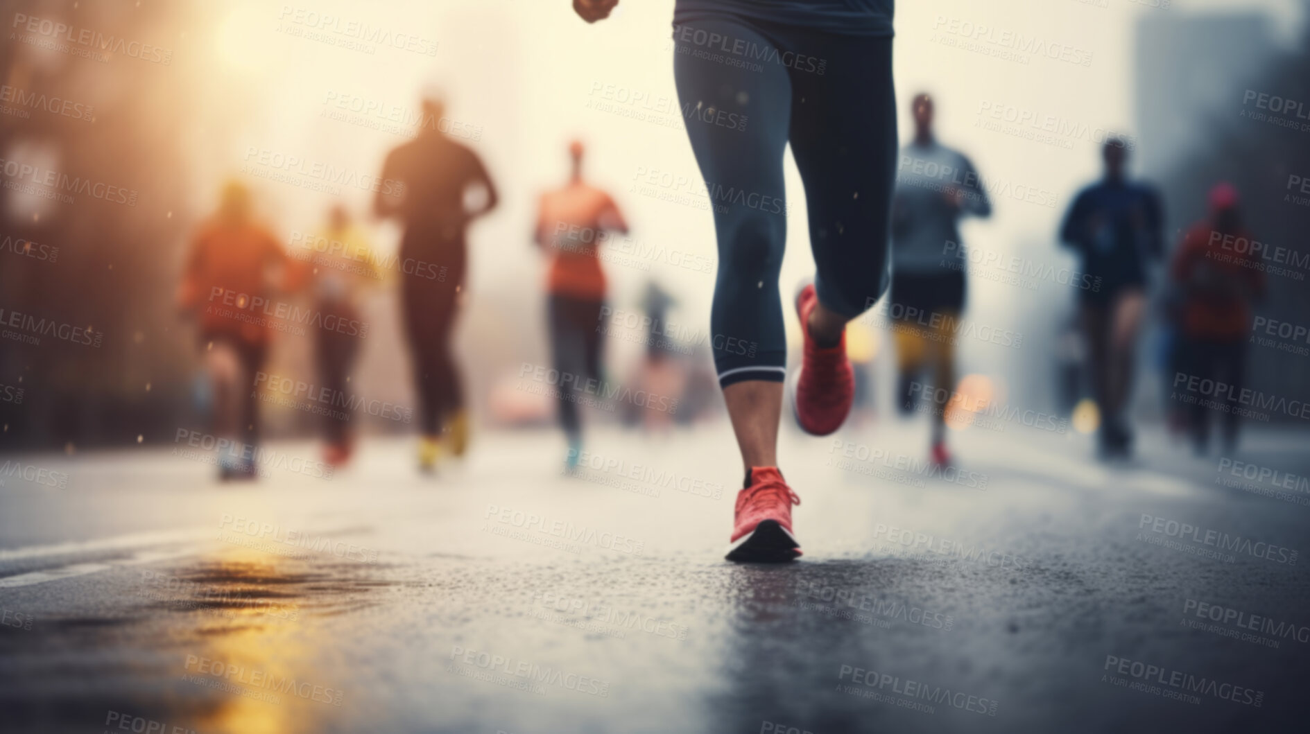 Buy stock photo Group of marathon runners in the city. Low angle view of runners in competition