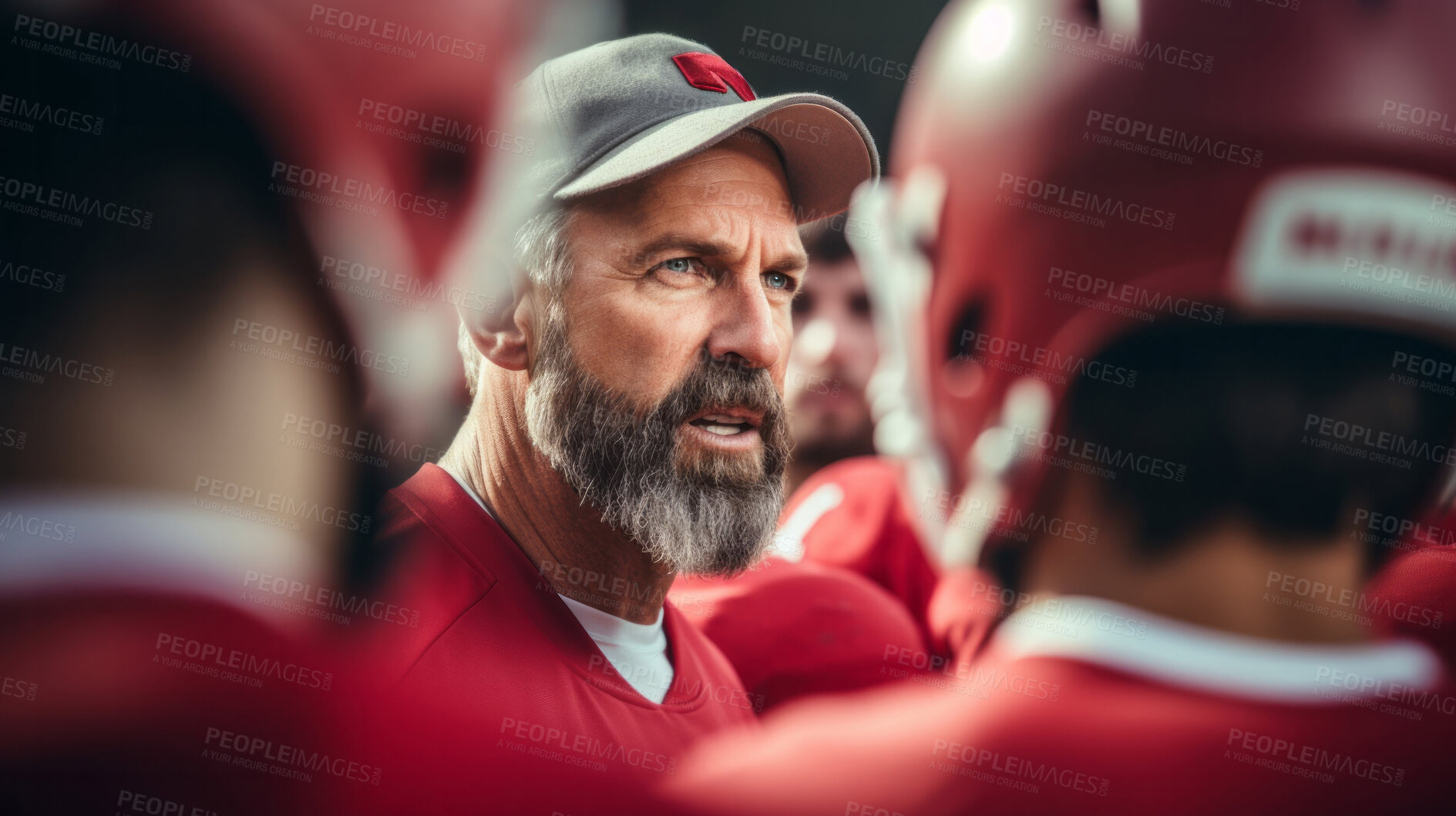 Buy stock photo Football coach discussing strategy with players together. Professional instructing, teaching concept