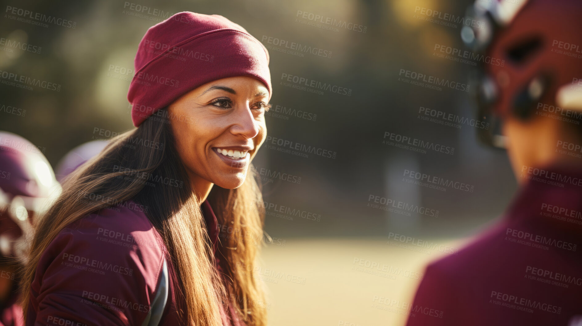 Buy stock photo Football coach discussing strategy with players together. Professional instructing, teaching concept