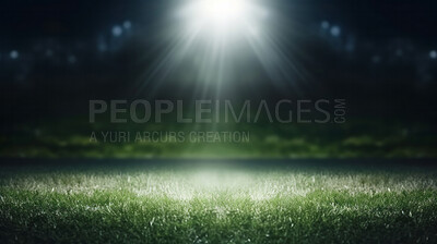 Stadium lights on empty green grass field. Football, soccer sport game copyspace background