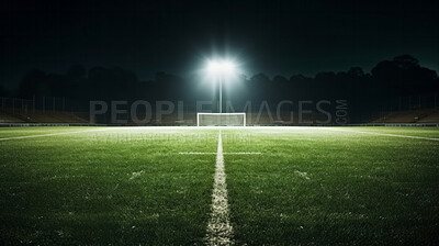 Stadium lights on empty green grass field. Football, soccer sport game copyspace background