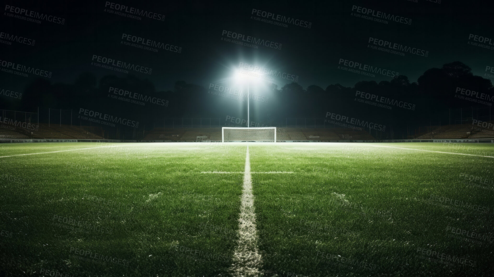 Buy stock photo Stadium lights on empty green grass field. Football, soccer sport game copyspace background