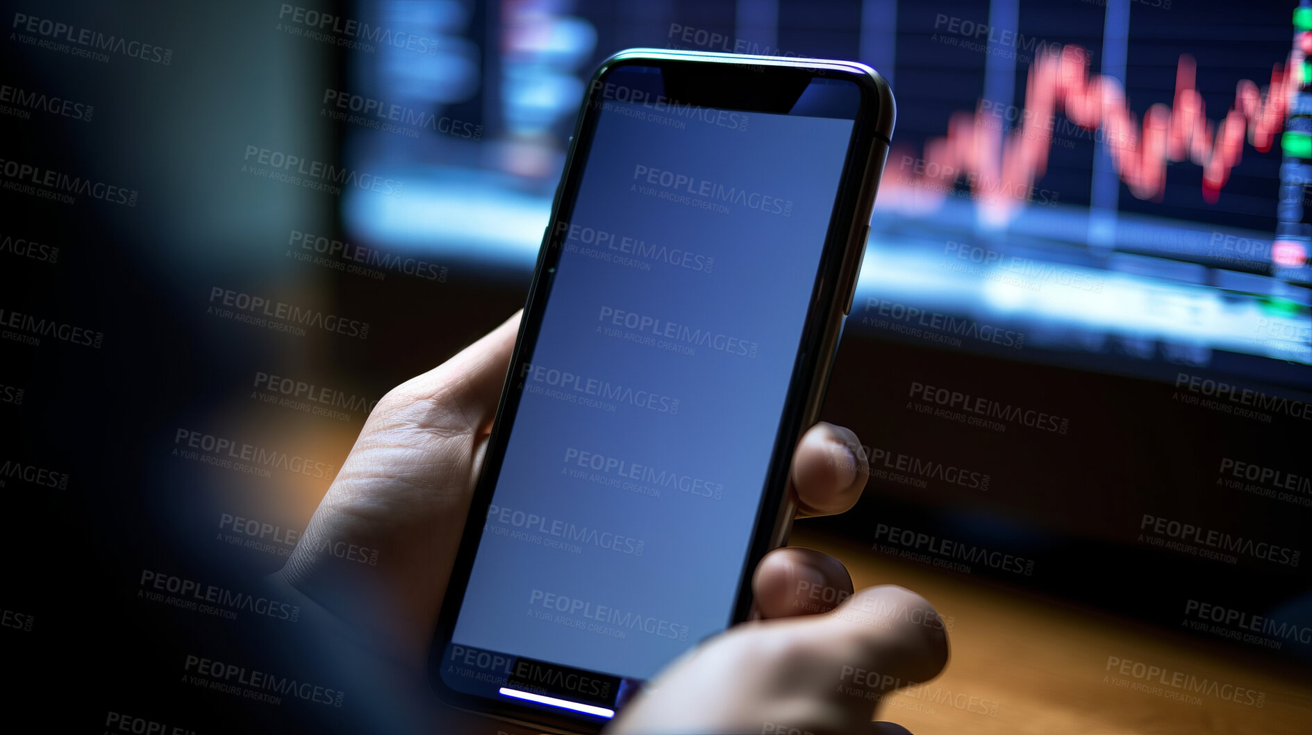 Buy stock photo Businessman check cellphone. Blank screen for stock exchange data or design