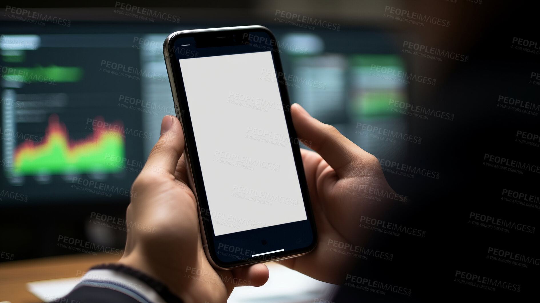 Buy stock photo Businessman check cellphone. Blank screen for stock exchange data or design