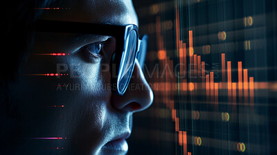 Buy stock photo Close up of stock market trader. Stock exchange hologram with dark background