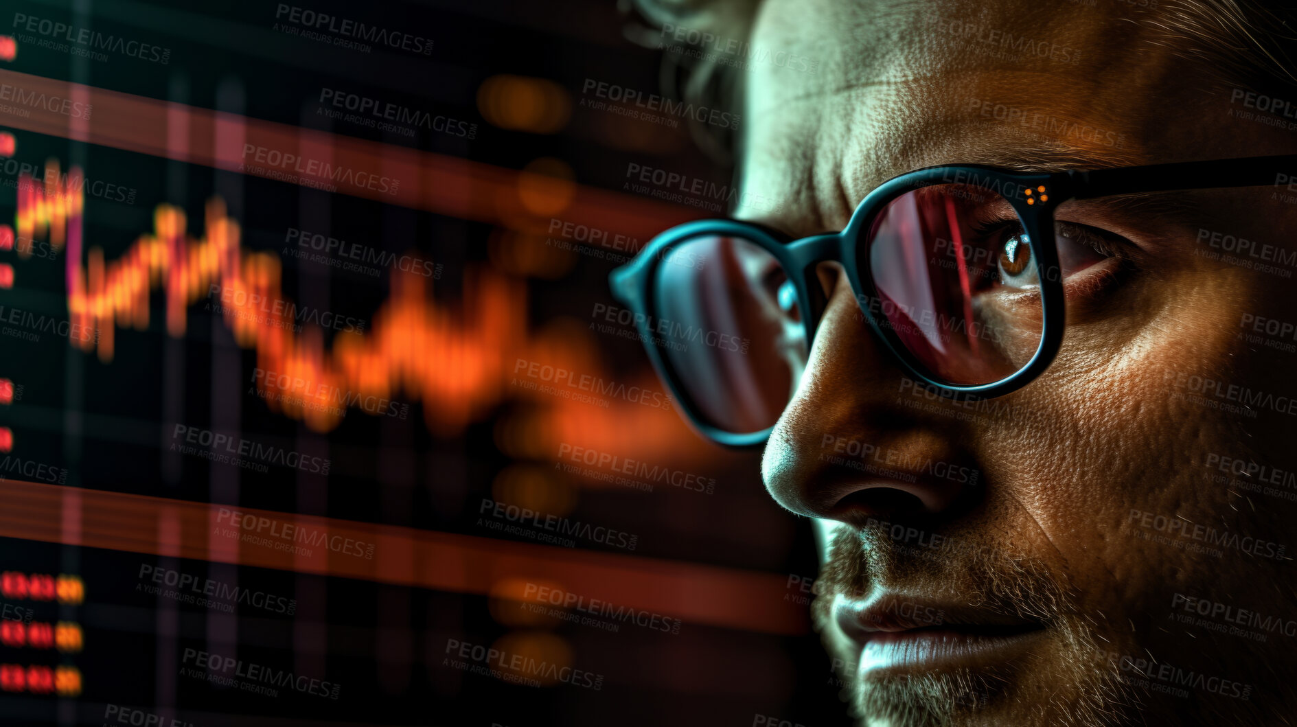 Buy stock photo Close up of stock market trader. Stock exchange hologram with dark background