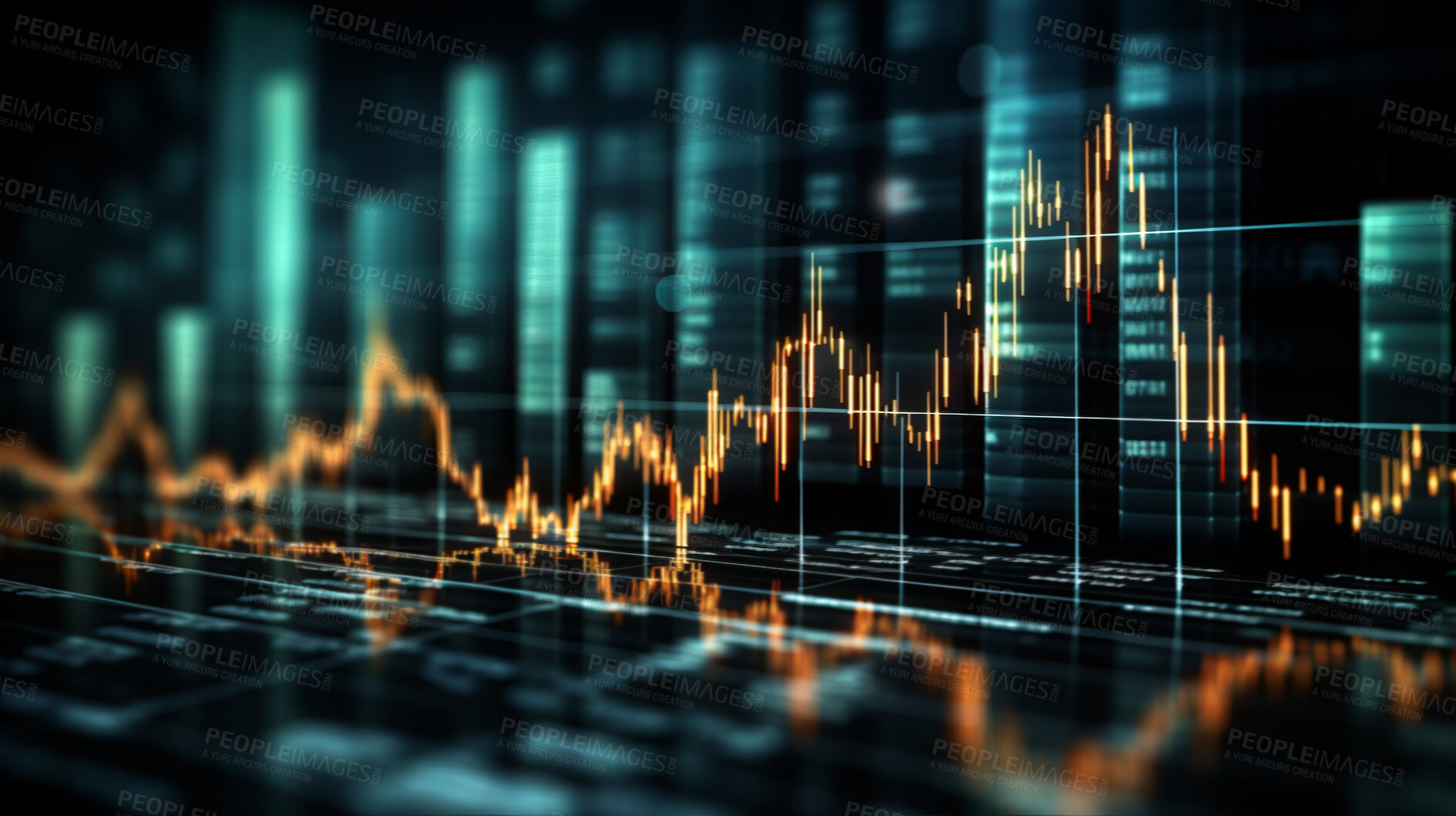 Buy stock photo Abstract financial graph with candlestick chart in stock market on dark background