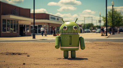 Portrait of rusty android robot on field. Photo-realistic southern town scenes.