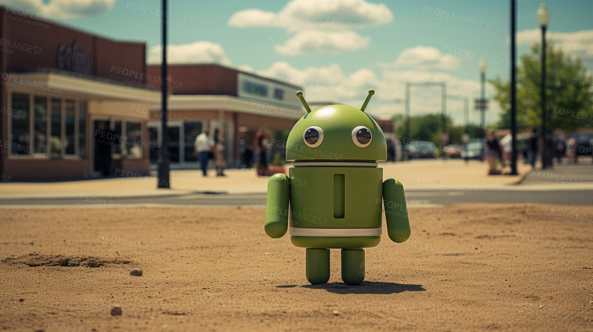 Buy stock photo Portrait of rusty android robot on field. Photo-realistic southern town scenes.