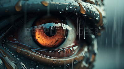 Close-up of futuristic android, robotic humanoid eye. eye with mechanical sci-fi features.