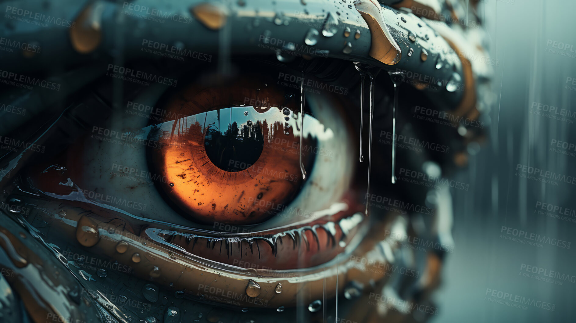 Buy stock photo Close-up of futuristic android, robotic humanoid eye. eye with mechanical sci-fi features.