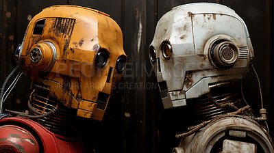 Buy stock photo Portrait of vintage robots looking  at each other. Against dark background.