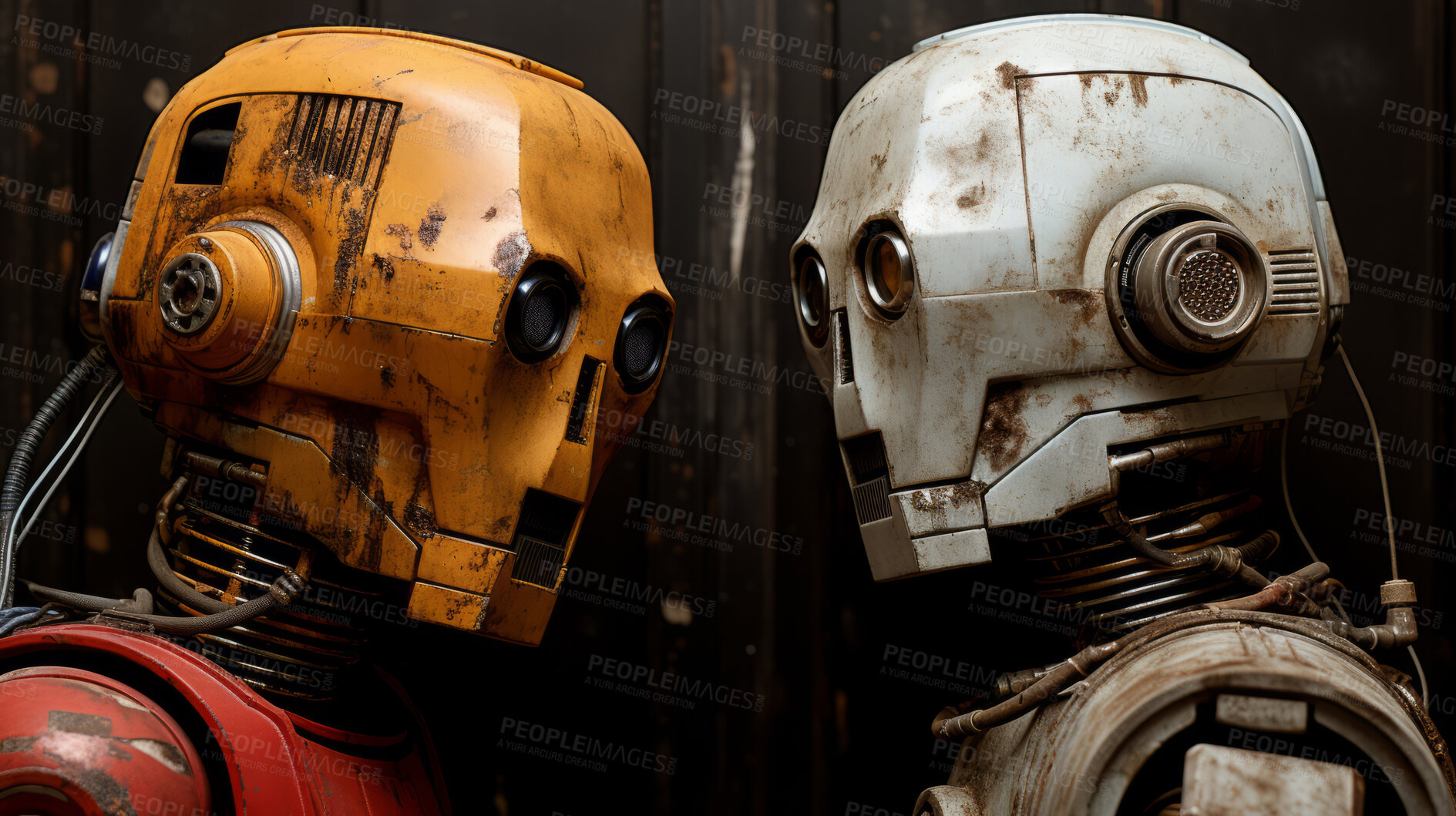 Buy stock photo Portrait of vintage robots looking  at each other. Against dark background.