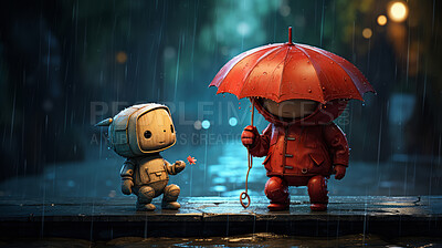 Buy stock photo Portrait of vintage robots with  real expressions. Standing in park on rainy night.