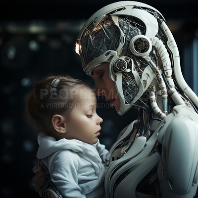 Robotic android mother holding human baby.Futuristic love, man and machine.