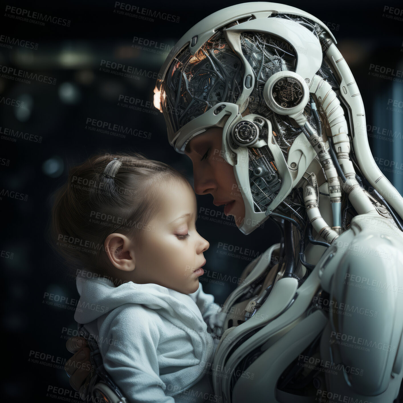 Buy stock photo Robotic android mother holding human baby.Futuristic love, man and machine.