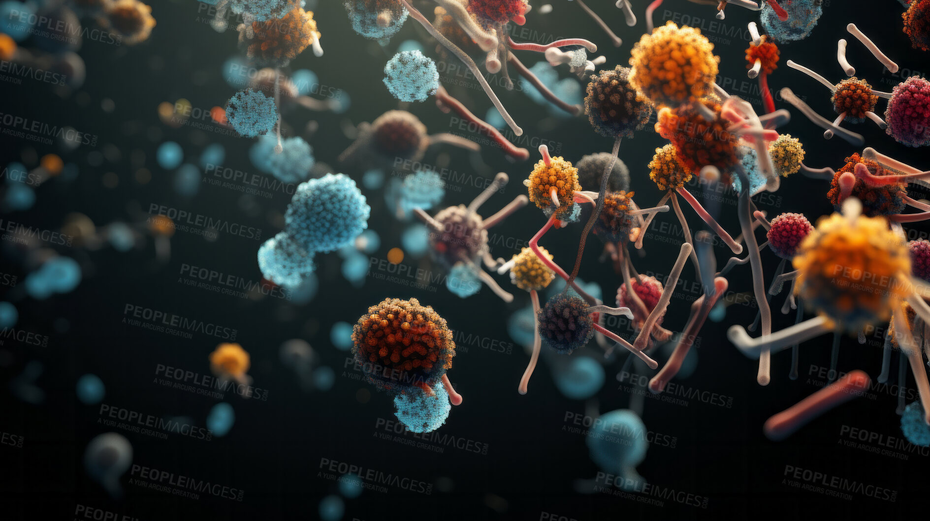 Buy stock photo Close up of bacteria and virus cells. Biology, Science medicine background