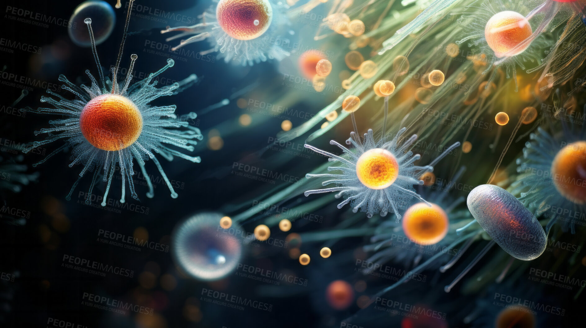 Buy stock photo Close up of bacteria and virus cells. Biology, Science medicine background