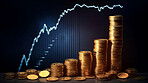 Stock market trading graph and candlestick chart with gold coins. Financial investment concept