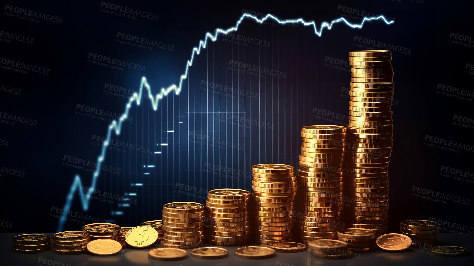 Buy stock photo Stock market trading graph and candlestick chart with gold coins. Financial investment concept