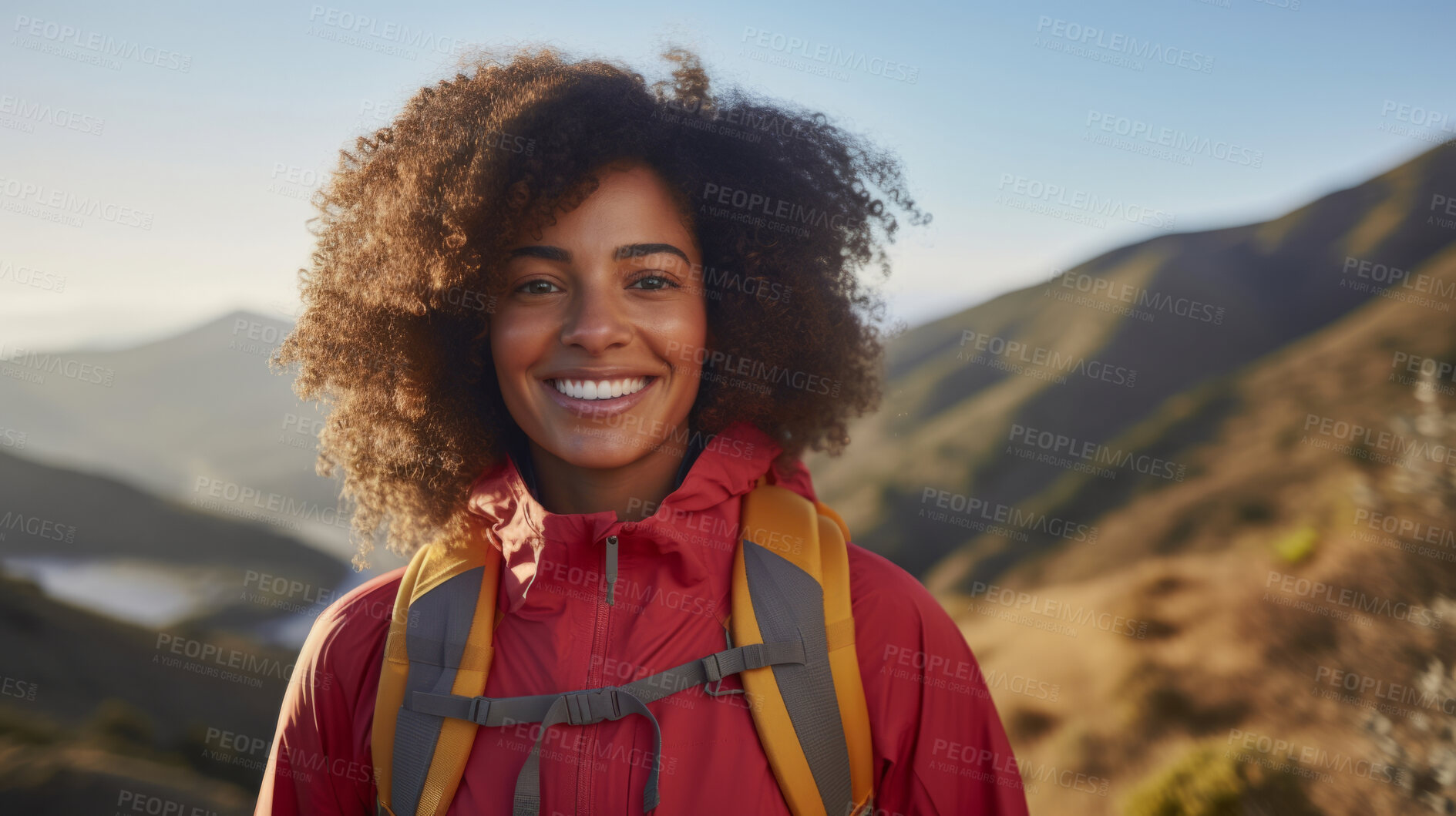 Buy stock photo Happy african american woman hiking outdoors. Fitness hike and travel journey