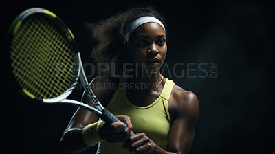 Action Portrait of woman training for tennis match. Confident and focused athlete