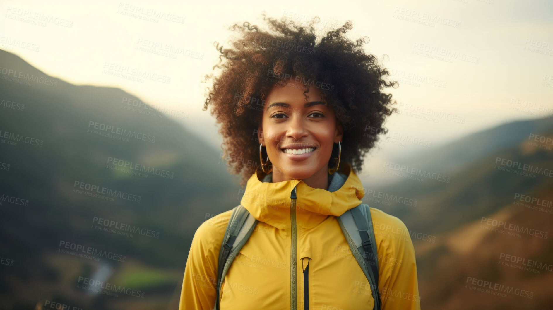 Buy stock photo Happy african american woman hiking outdoors. Fitness hike and travel journey