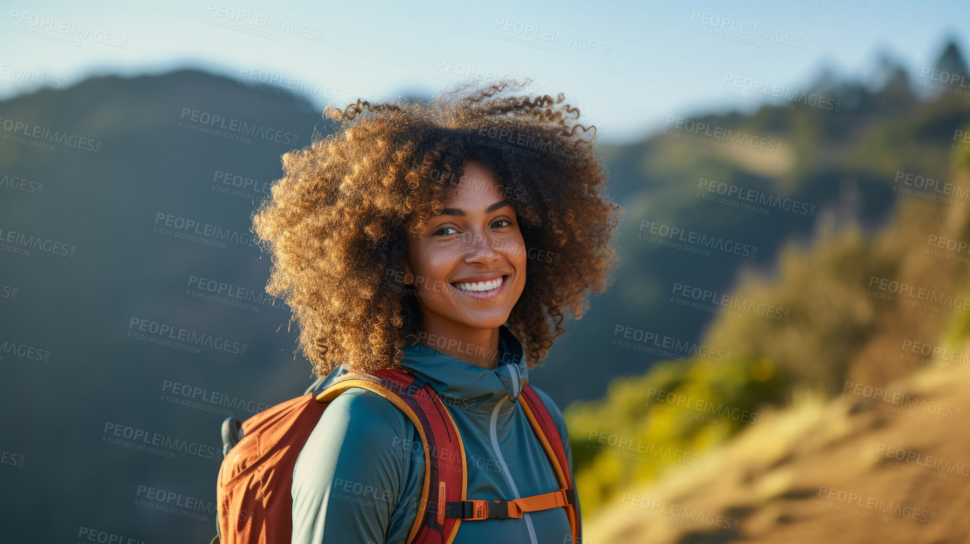 Buy stock photo Happy african american woman hiking outdoors. Fitness hike and travel journey