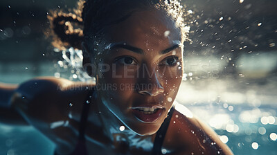 Action Portrait of female swimming or training. Confident and focused woman athlete