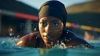 Action Portrait of female swimming or training. Confident and focused woman athlete