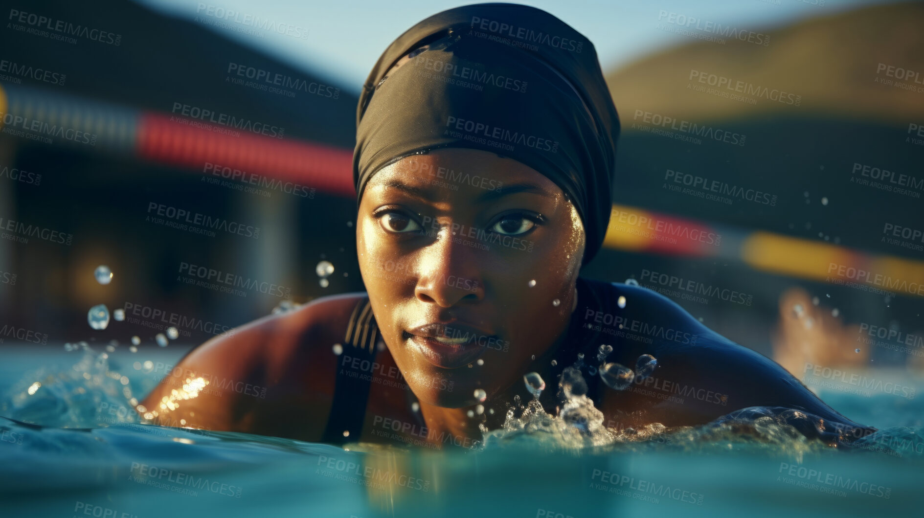 Buy stock photo Action Portrait of female  swimming or training. Confident and focused woman athlete