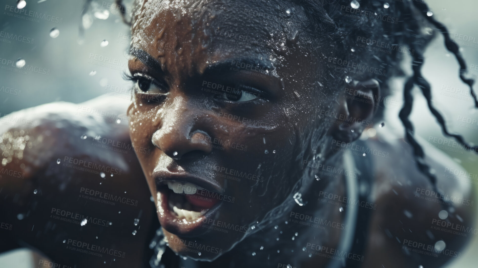 Buy stock photo Action Portrait of female running or training in rain. Confident and focused woman athlete