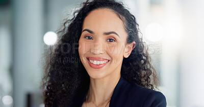 Face, smile and business woman in office with pride for career, job or profession. Night, entrepreneur and portrait of happy, confident and proud female professional from Brazil with success mindset.