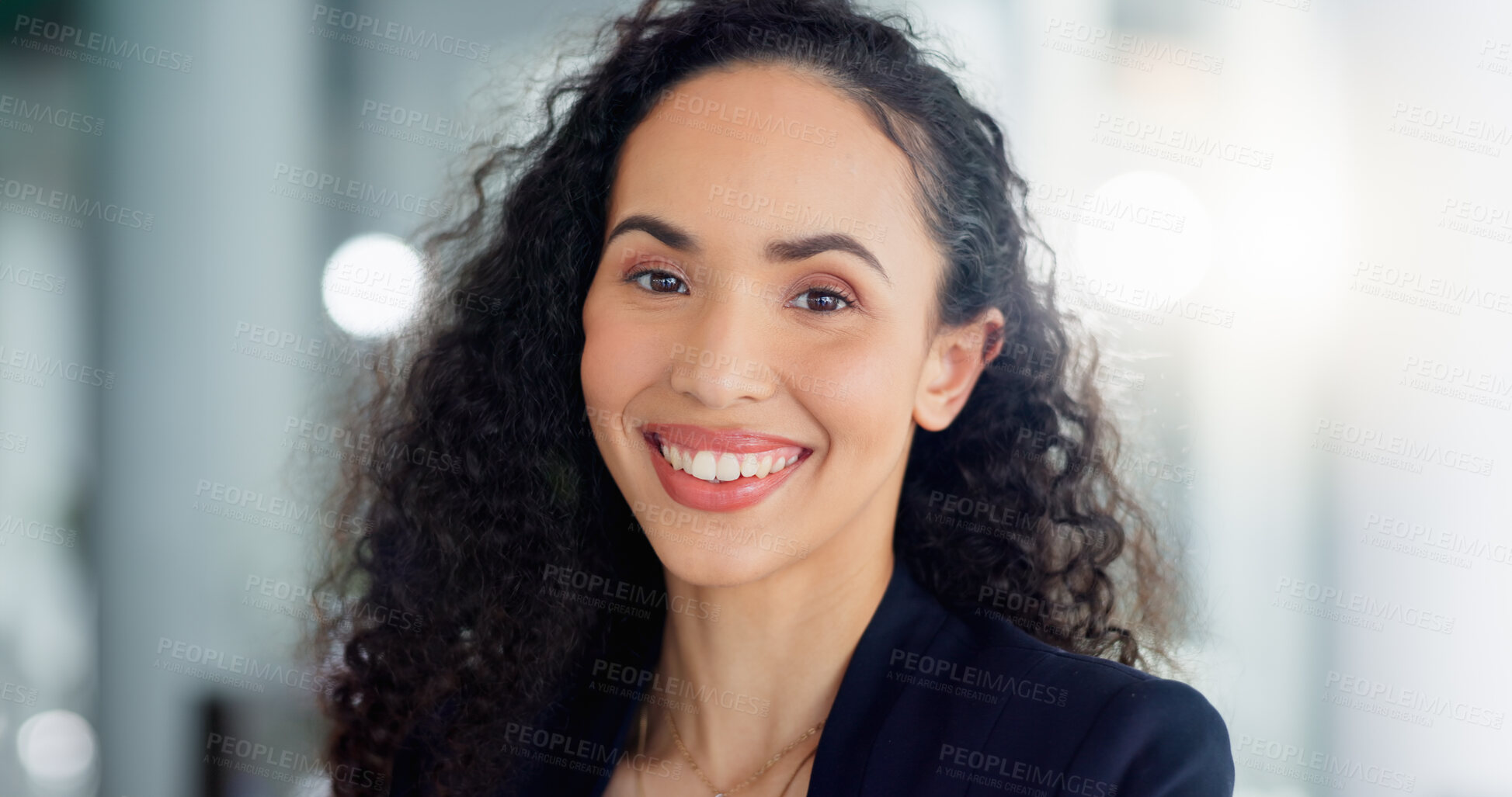 Buy stock photo Face, smile and business woman in office with pride for career, job or profession. Night, entrepreneur and portrait of happy, confident and proud female professional from Brazil with success mindset.