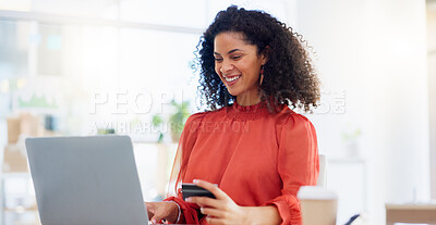 Laptop, ecommerce and business woman with credit card for internet purchase, payment and online shopping. Fintech, office and happy female worker on computer for digital banking, invest and finance