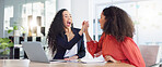 Laptop, success and business women high five to celebrate goals, targets or achievement in office. Winner, wow surprise and happy friends or employees in celebration of winning, promotion and bonus.