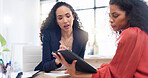 Teamwork, tablet and business women coaching in office helping coworker with project. Collaboration, intern and training, explaining and talking to mentor with touchscreen technology for learning.