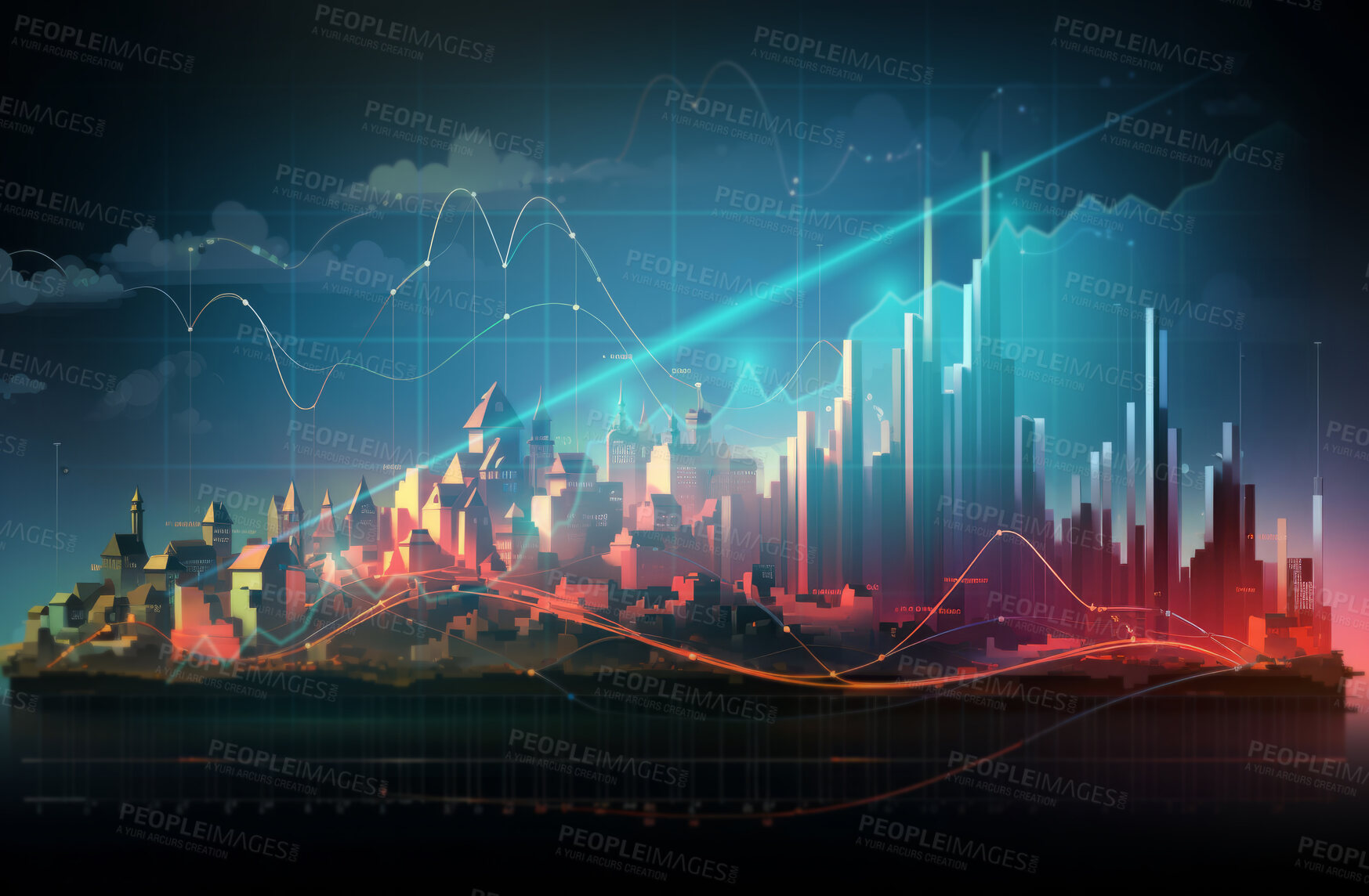 Buy stock photo City scape with Stock exchange graphs. Finance, business concept.