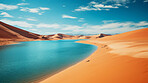 Crystal clear lake in desert area. Sand hills and blue sky. Oasis, tourism concept.