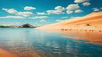 Crystal clear lake in desert area. Sand hills and blue sky. Oasis, tourism concept.