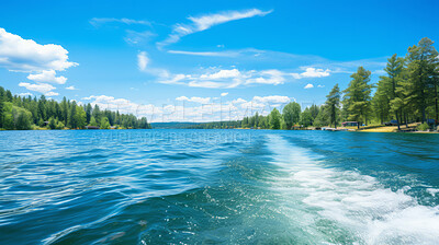 Point of view shot of boat trail on crystal clear lake. Vacation, summer, travel