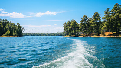 Point of view shot of boat trail on crystal clear lake. Vacation, summer, travel concept.