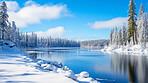 View of beautiful lake in winter. Forest, ground covered in snow.Travel concept