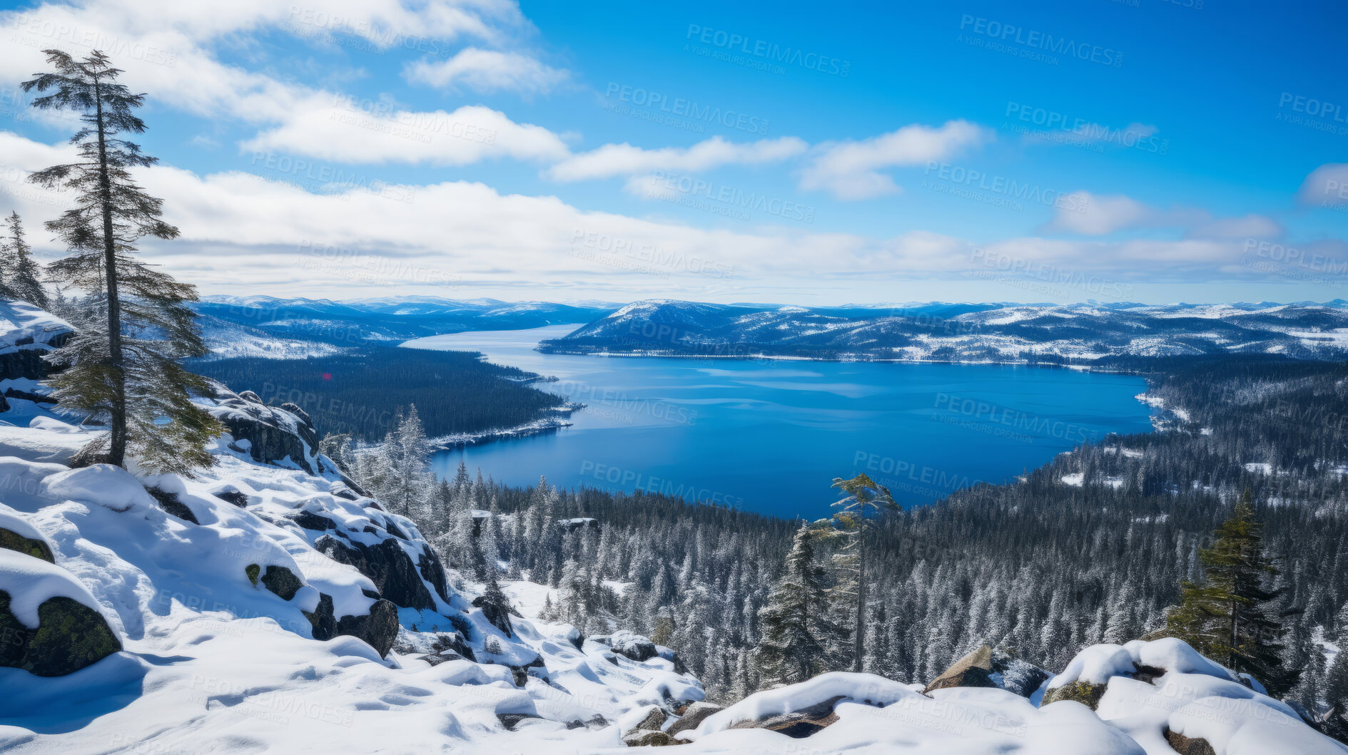 Buy stock photo High mountain view of beautiful lake in winter. Forest, ground covered in snow.