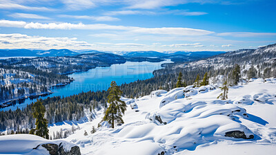 Mountain view of beautiful lake in winter. Forest, ground covered in snow.
