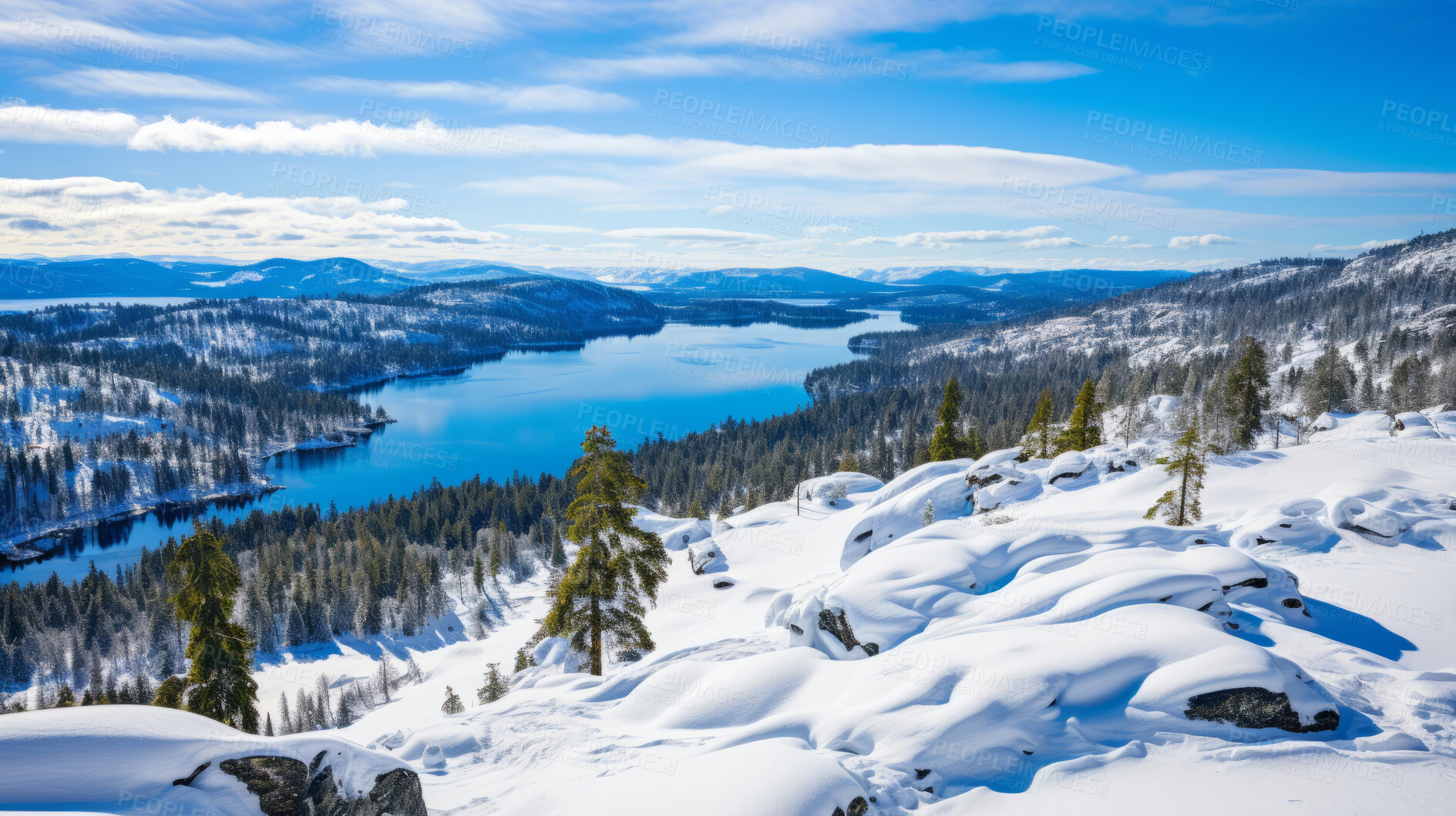 Buy stock photo Mountain view of beautiful lake in winter. Forest, ground covered in snow.